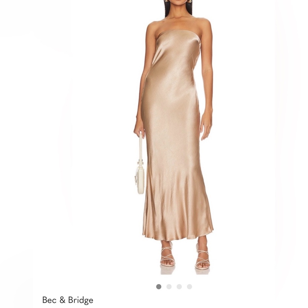 Bec & Bridge One-Shoulder Satin Slip Dress in Champagne